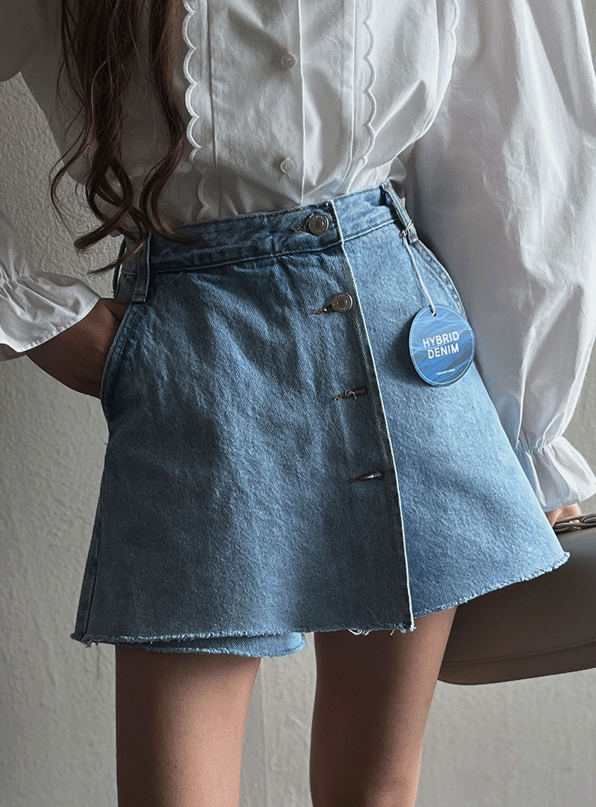 버튼랩 스커트 데님하프팬츠