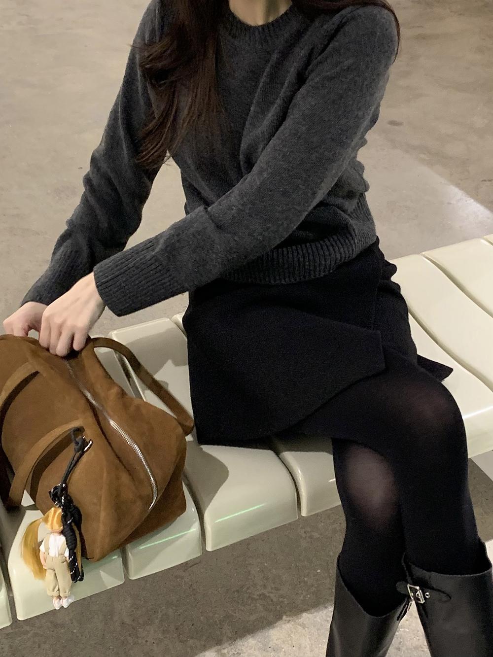 미니또 울 부클 A라인 랩 미니 스커트