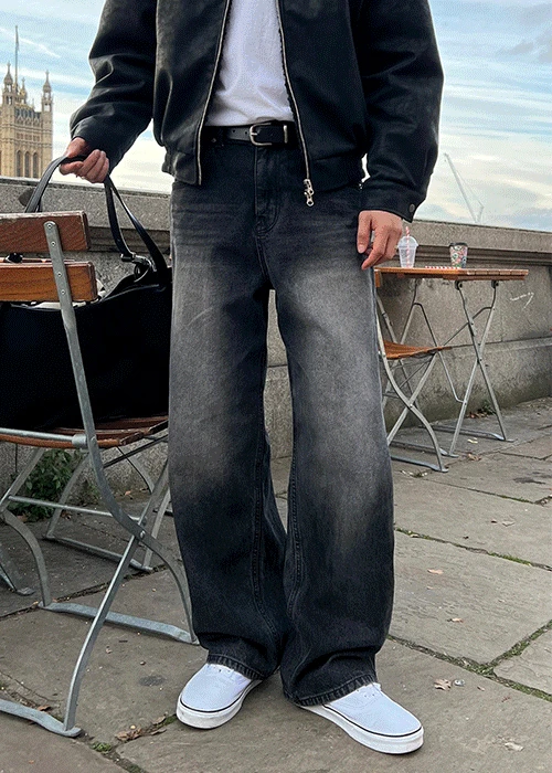 시티 흑청 워싱 와이드 데님