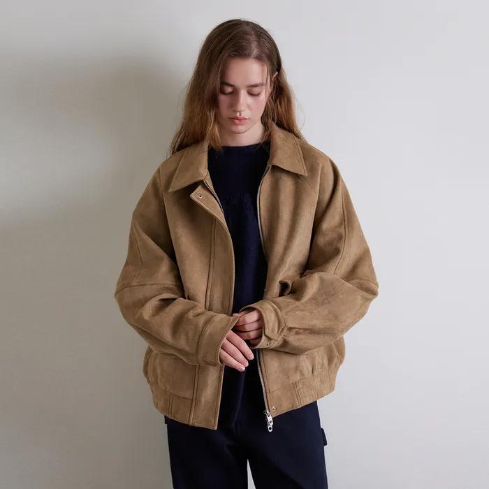 보이핏 히든 버튼 레더 블루종_Suede Beige