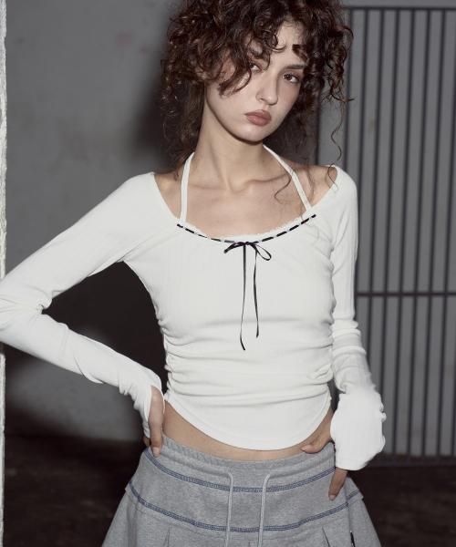 Juni Lace Shirring Halter Top (White)