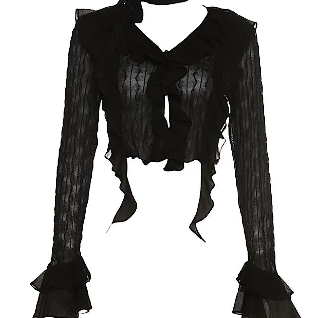 [이너브라세트] 초커 머플러 시스루 프릴 쉬폰 블라우스