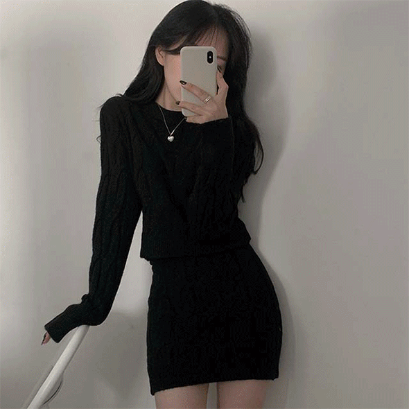 (연말룩/니트+스커트SET)  하운드 꽈배기 니트투피스