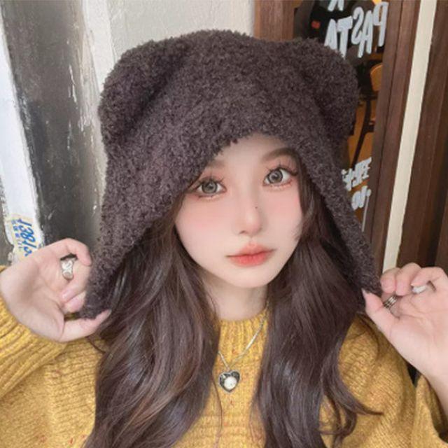 딜리 곰돌이 뽀글이 귀도리 니트 모자 버킷햇 털모자 귀여운 뽀글이모자 곰돌이모자 커플모자 양털모자 후드모자