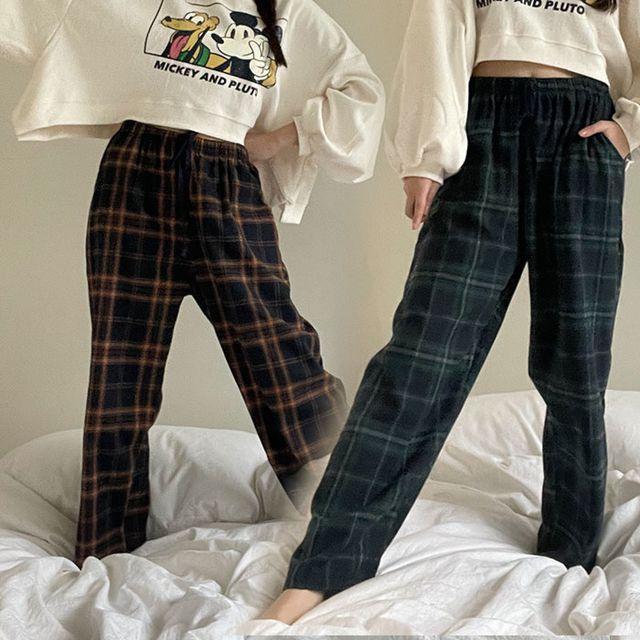 800483 잠옷바지 여자 남자 기모 긴바지 파자마 9부 체크