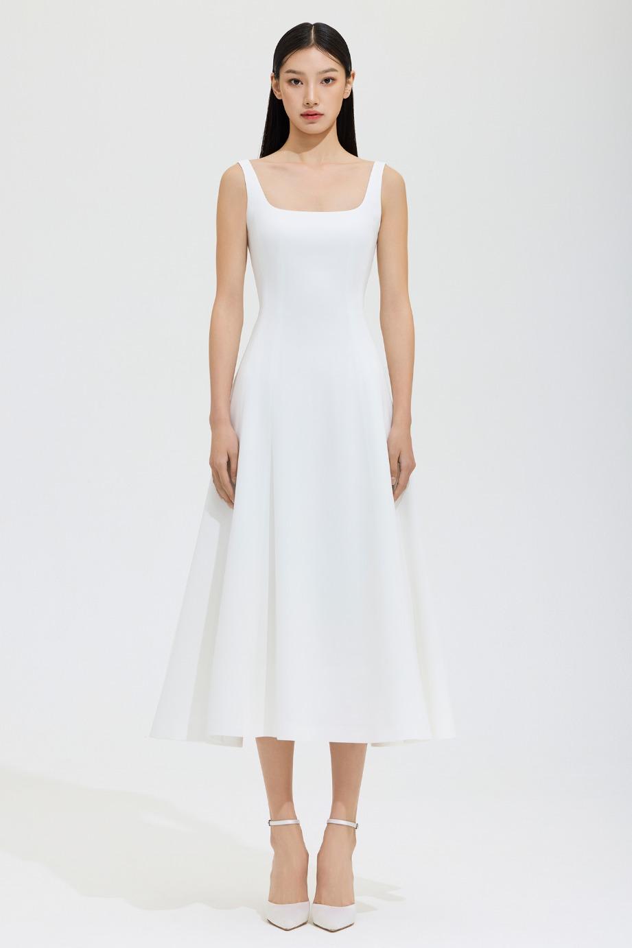 CREPE SQUARE NECKLINE SLEEVELESS FLARE DRESS