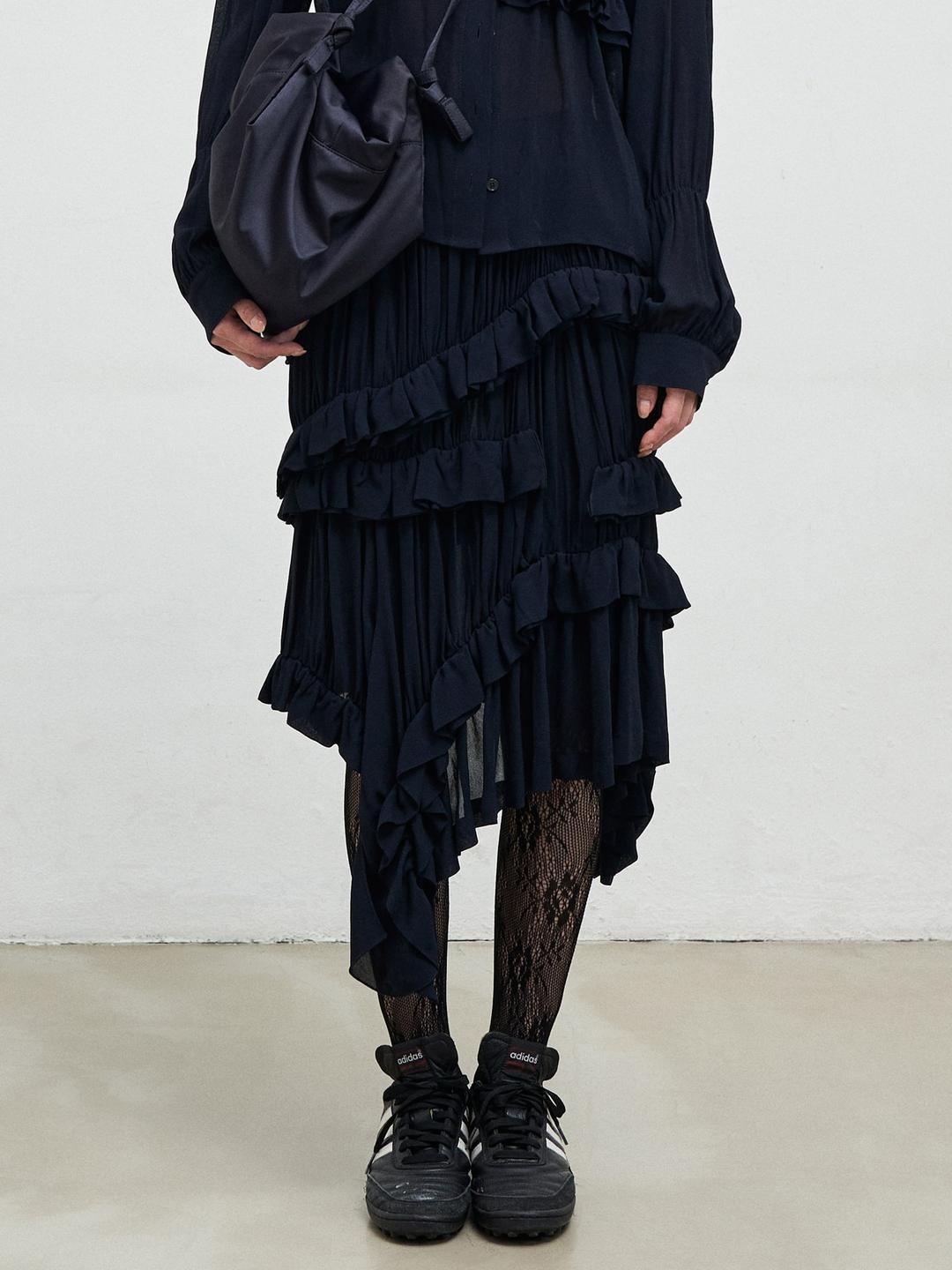 Ruffle Line Asymmetrical Skirt  - Navy