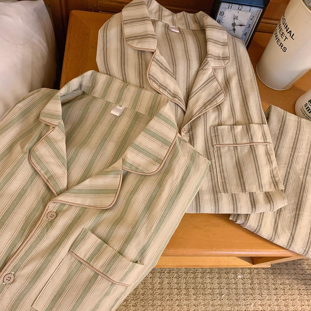 [커플잠옷] 더그린 스트라이프 긴팔 간절기 가을 빈티지 신혼 선물 파자마 우정 파티