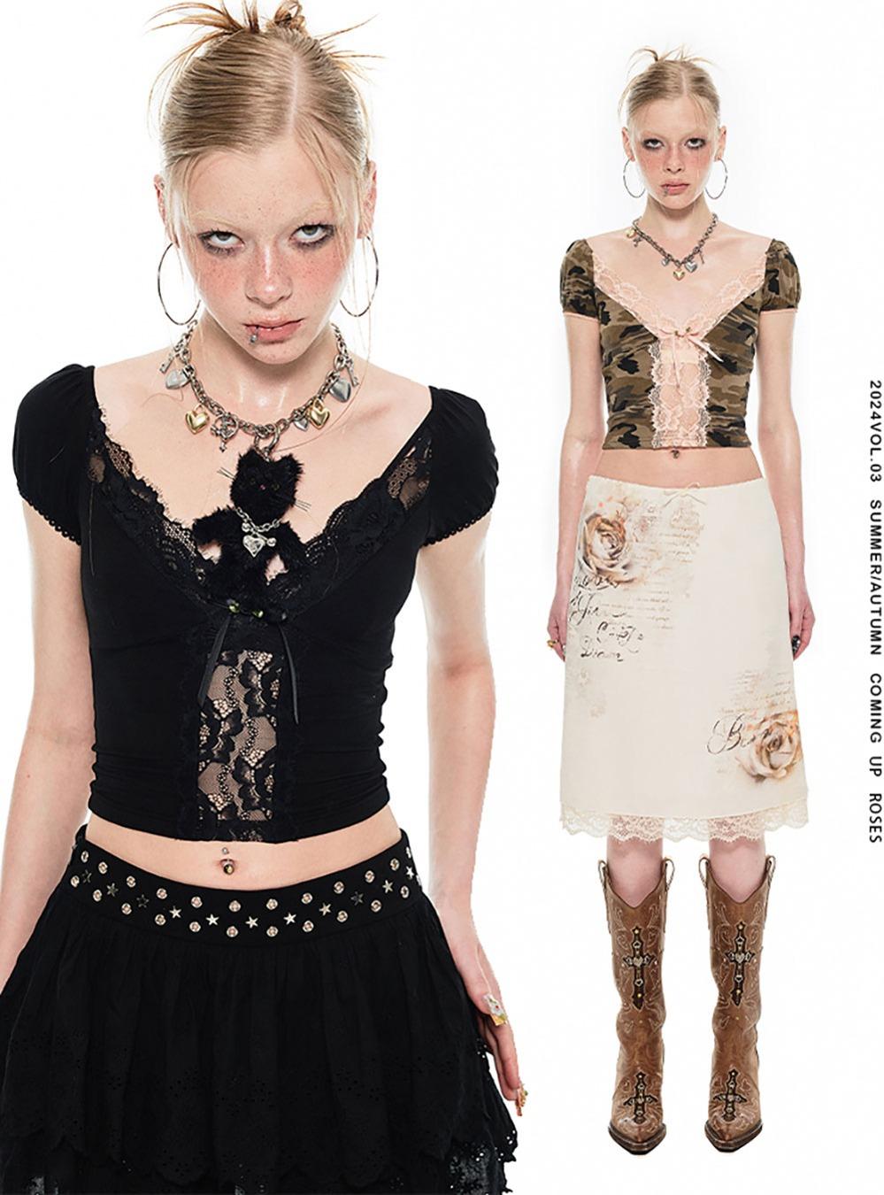 Lace V-neck puffed sleeve T-shirt