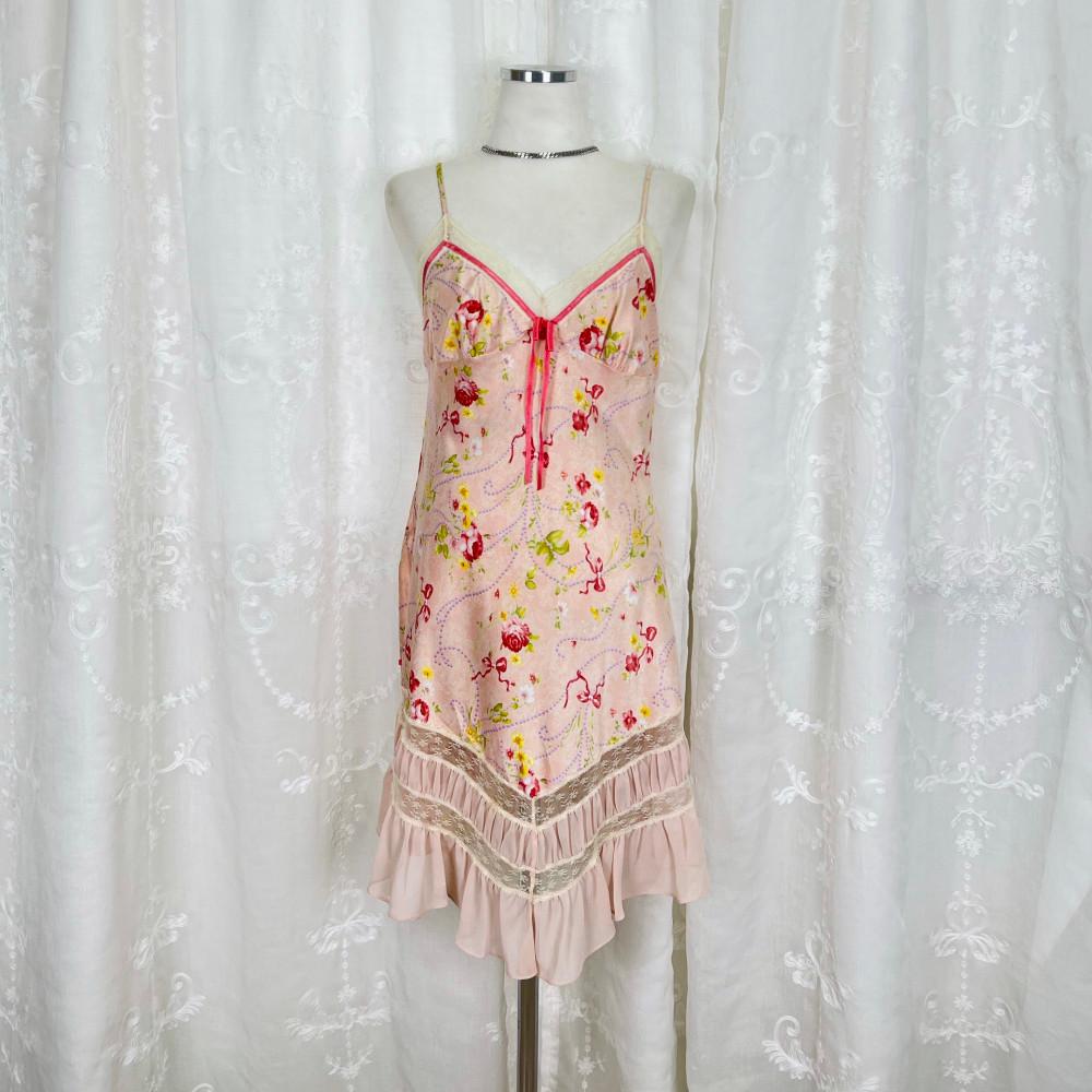[중고] 1567 에블린 연핑크 플라워 프릴 슬립원피스