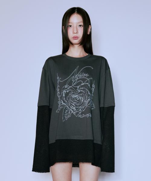 HEART ROSE LAYERED L/S TEE_CHARCOAL