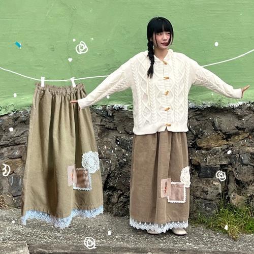 Have A Warm Winter 코듀로이 골덴 레이스 패치 자수 롱치마