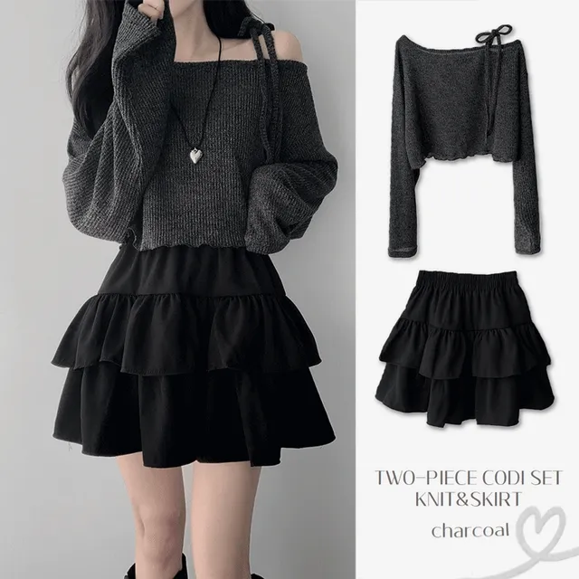 *주문폭주/투피스1등* [코디세트/무채색🖤] 러블리 언발 리본 오프숄더 차콜 니트+블랙 캉캉 스커트 투피스 코디세트