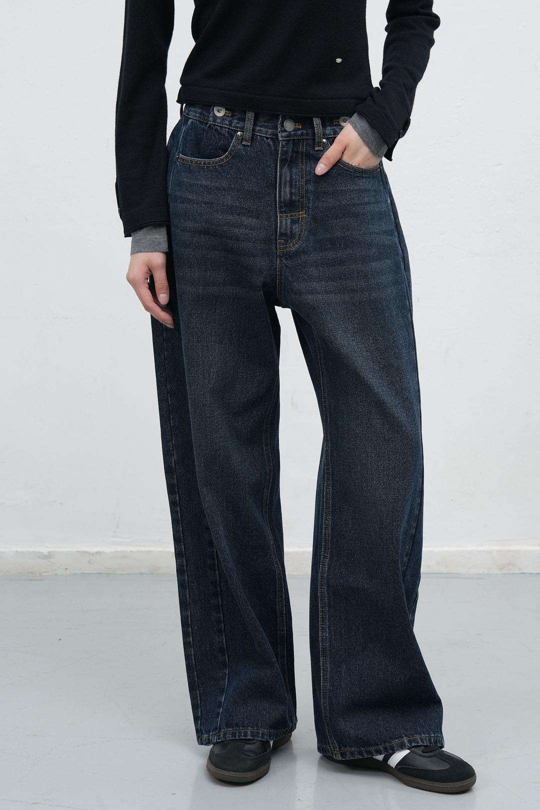 WOMAN 스냅 디테일 와이드 데님 팬츠 [NAVY]