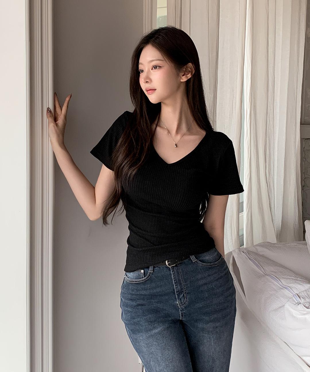 [모달39%/팔뚝커버✨] 랑드 브이넥 골지 쫀쫀 모달 반팔 티셔츠