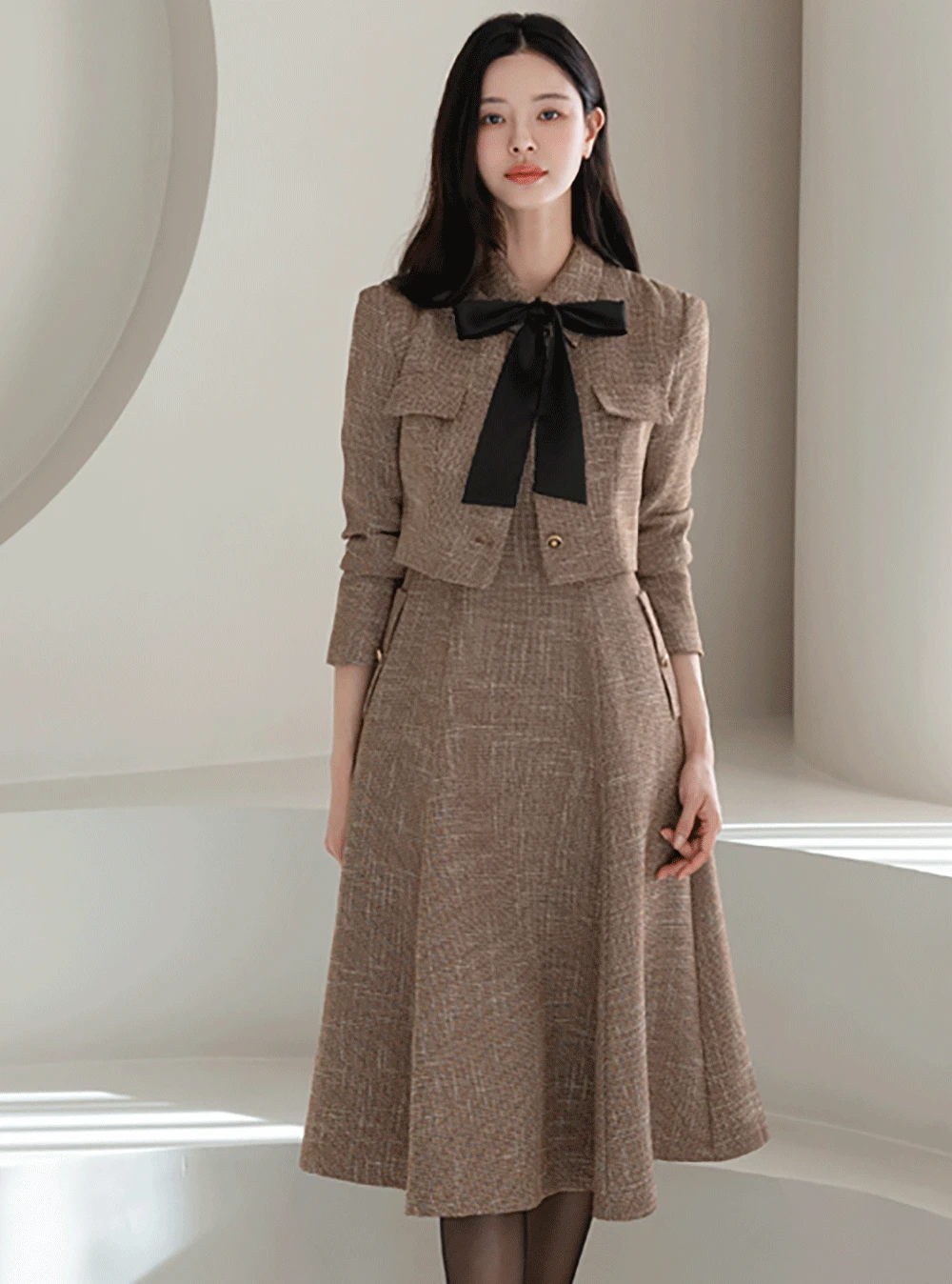 [핑크컬러추가/겨울격식룩]파이크 타이 세트 트위드 원피스