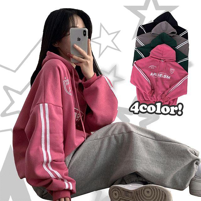 [Y2K/왕따뜻] 다뮤 레터링 배색 오버핏 기모 후드티 (4color) [키작녀/블록코어/유니크룩/아방핏]