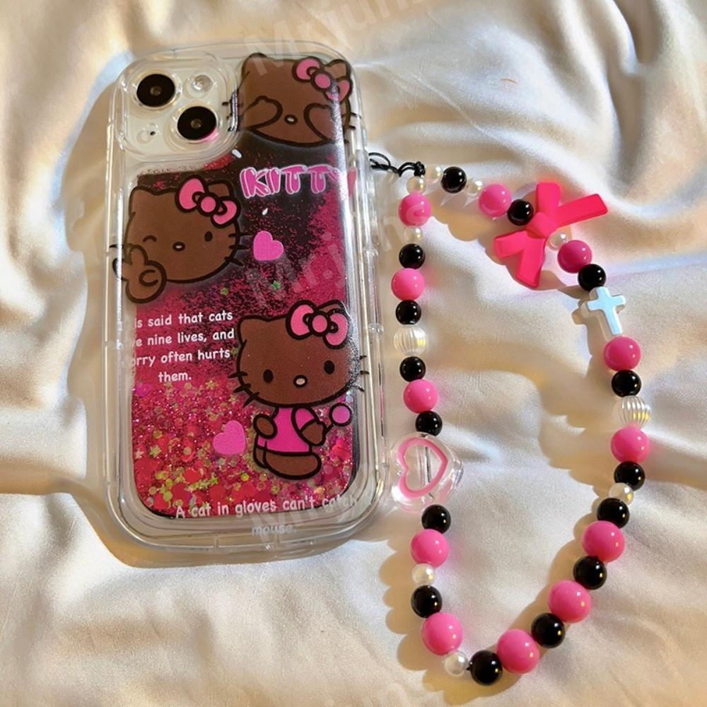 헬로키티 태닝 블랙 핑크 구슬 팔찌 손목스트랩 안티 드롭 헬로우키티 아이폰 14 폰케이스