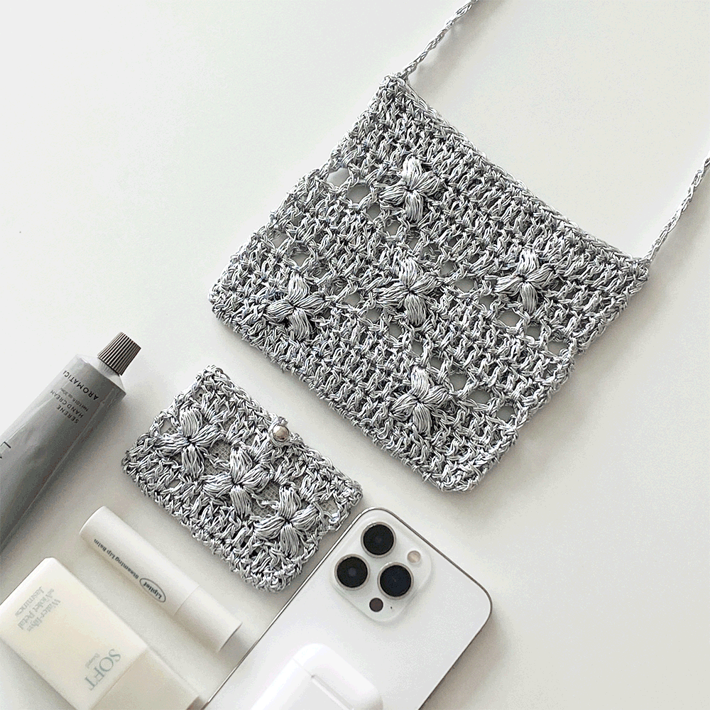 럭키인마이백&월렛 DIY KIT(미니크로스백&카드지갑 실버실 메탈얀 실버네트백 메탈네트백 코바늘가방 코바늘diy 실버백뜨기)