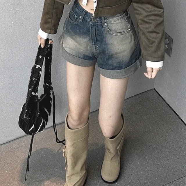 빈티지 데미지 워싱 데님 숏팬츠