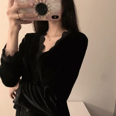 [간절기/주문폭주/고급st] 벨벳 레이스 프릴 단추 홈웨어 잠옷 블라우스 와이드 팬츠 밴딩 바지 파자마 봄 여름 사계절 투피스 세트