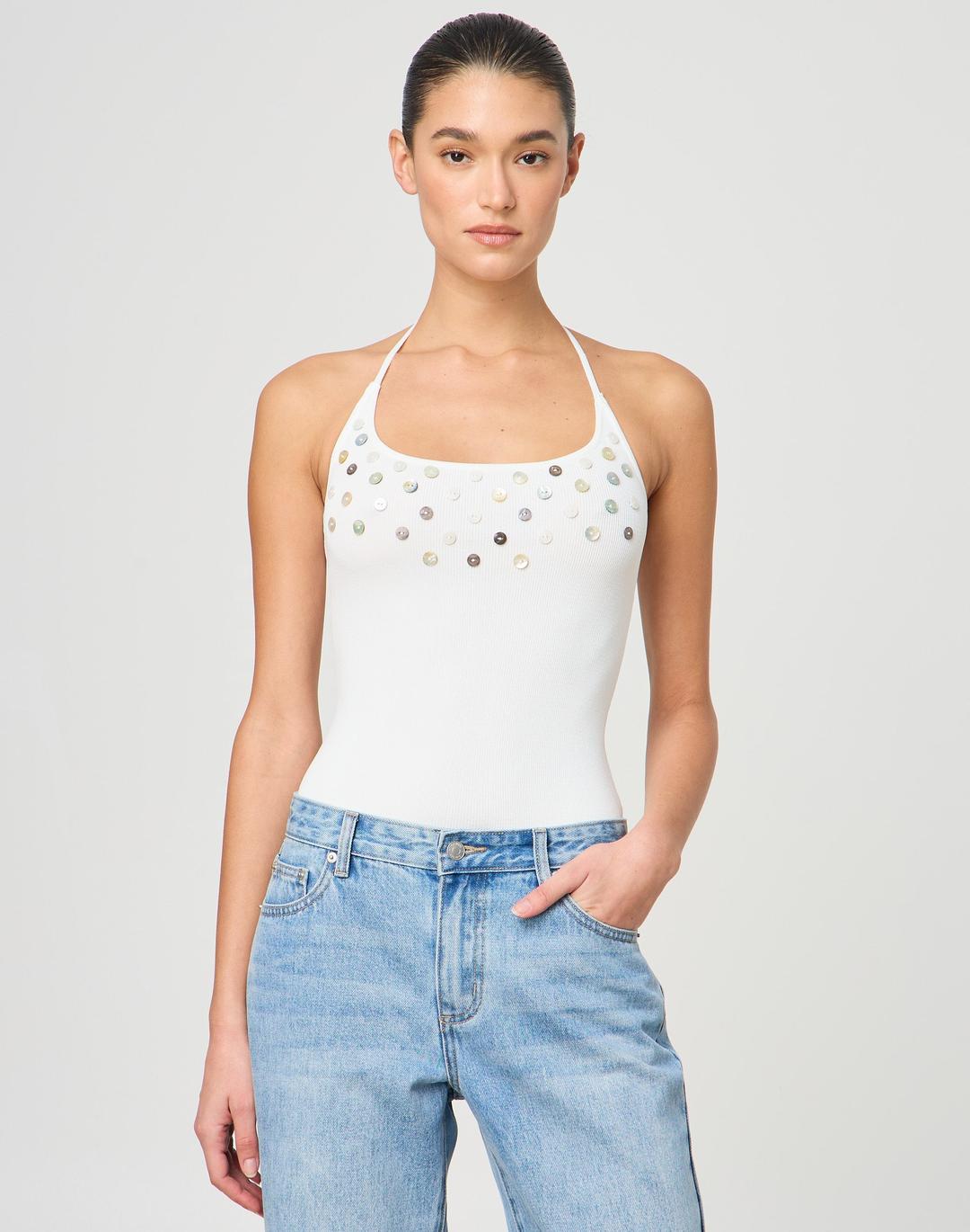 Shell Button Halter Knit Top