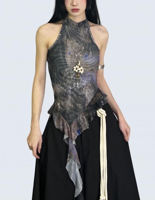 Unique Pattern Ruffle Halterneck Vest