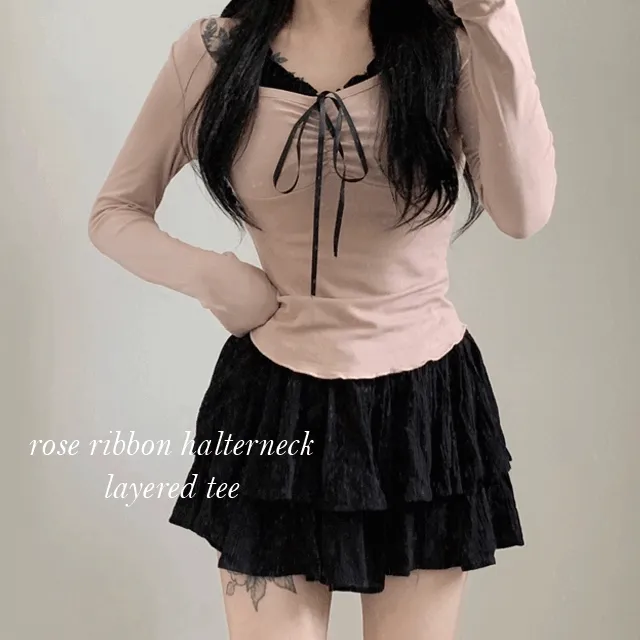 *당일출고* 로제 프릴 홀터넥 + 리본 딥브이넥 긴팔 티셔츠