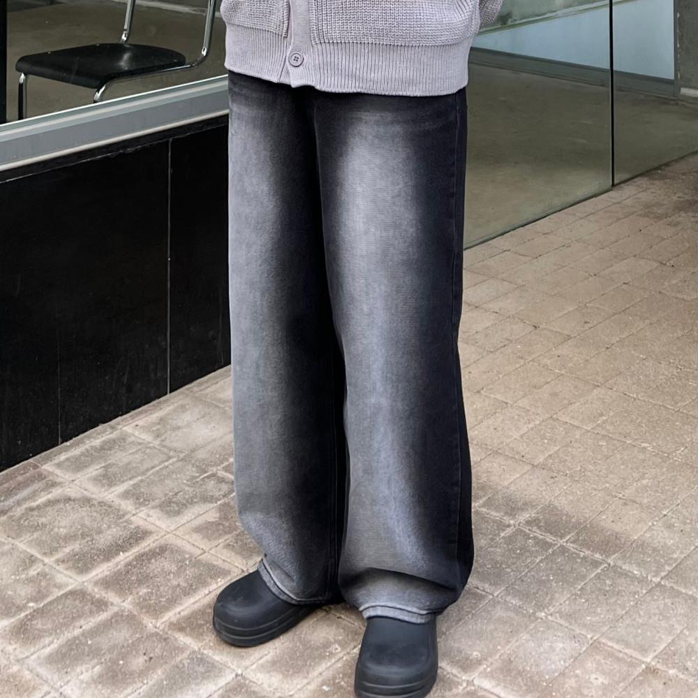 브러쉬 와이드 블랙 데님 팬츠 남자 여자 오버 와이드 일자핏 포인트 블랙진