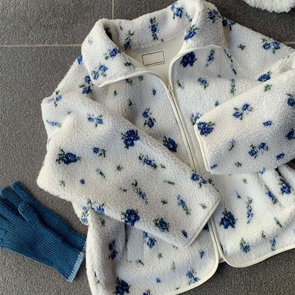 [뽀글이☁️/빈티지무드] 젤리드 하이넥 플라워 후리스 덤블 집업점퍼(44~99) (빅사이즈점퍼-후리스점퍼-플라워패턴점퍼-플라워집업-카라넥점퍼-하이넥집업-빈티지집업-플라워패턴-겨울아우터)