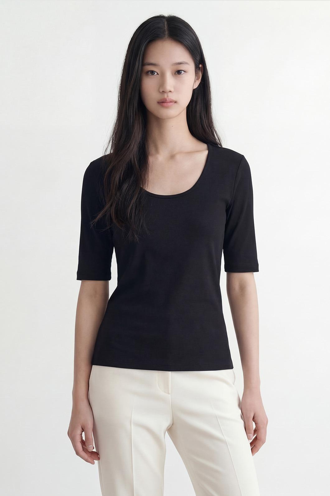 W_립 슬림핏 U넥 하프 슬리브 티셔츠