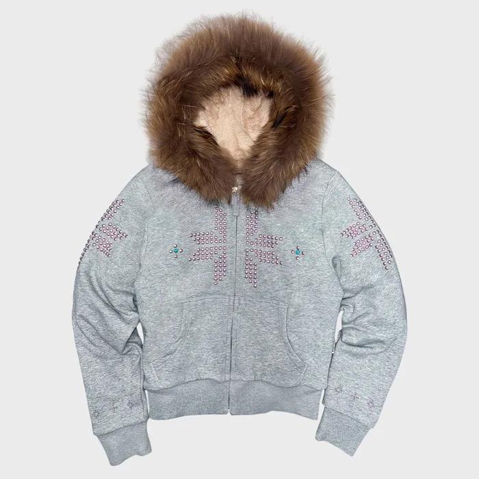 Fur Trimming Hooded Zip-Up Melange Gray