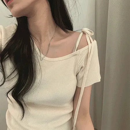 [여리여리💗] 코스 반팔 오프 리본 니트T