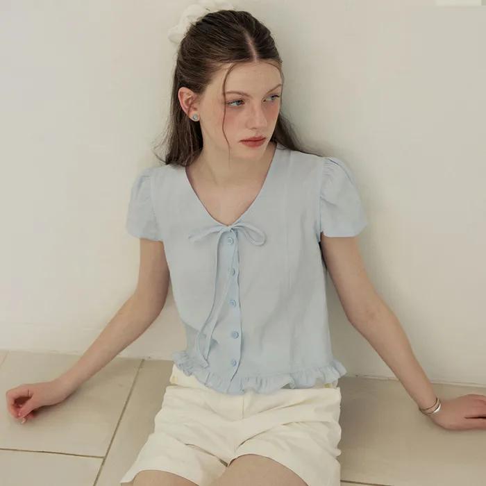 Puff button ribbon half sleeve blouse - sora