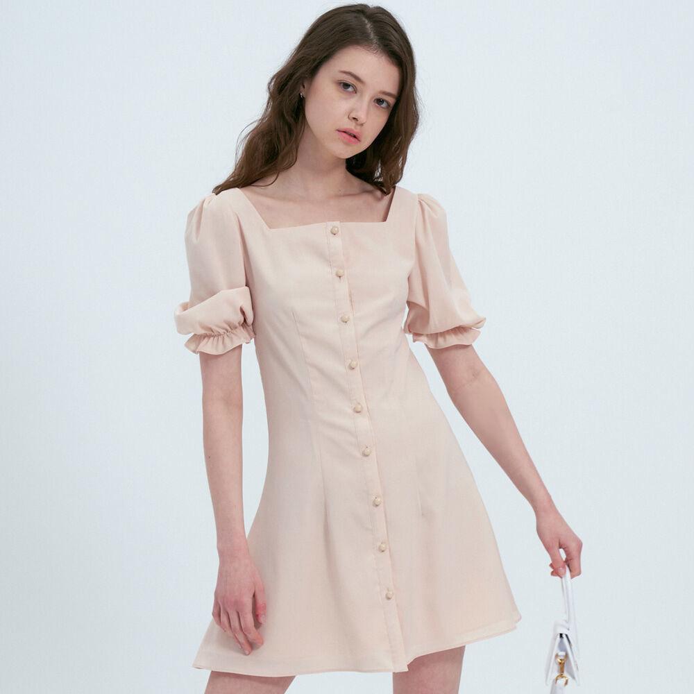wavy puff square neck dress beige