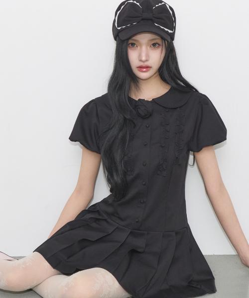 로즈 플리츠 미니 원피스 블랙
