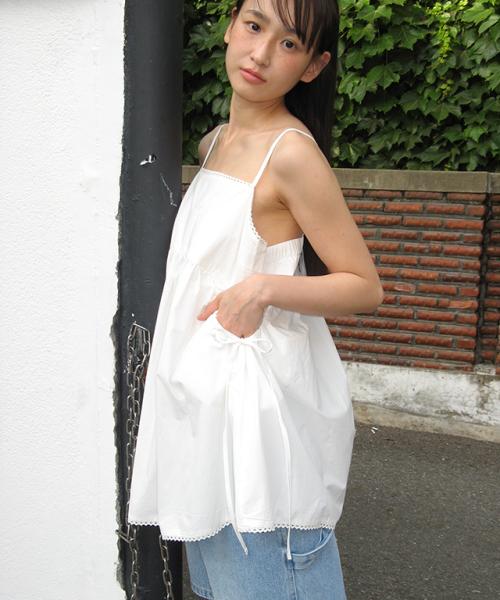TORCHON LACE STRING POCKET SLEEVELESS BLOUSE WHITE