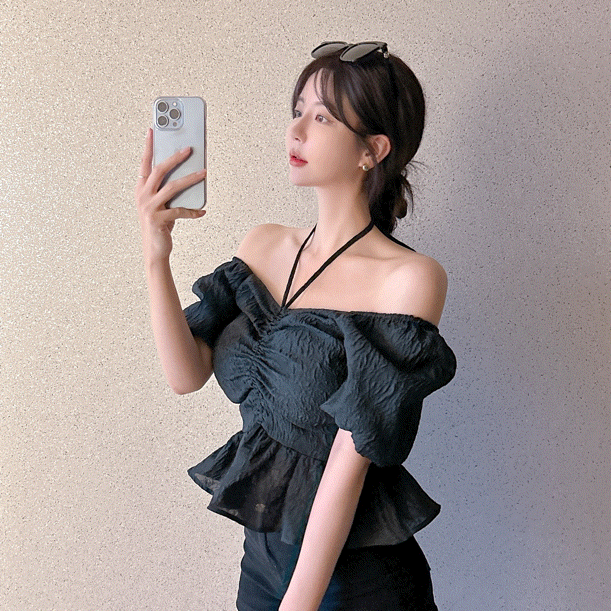 구름 리본 퍼프 블라우스 ( 2 COLOR )