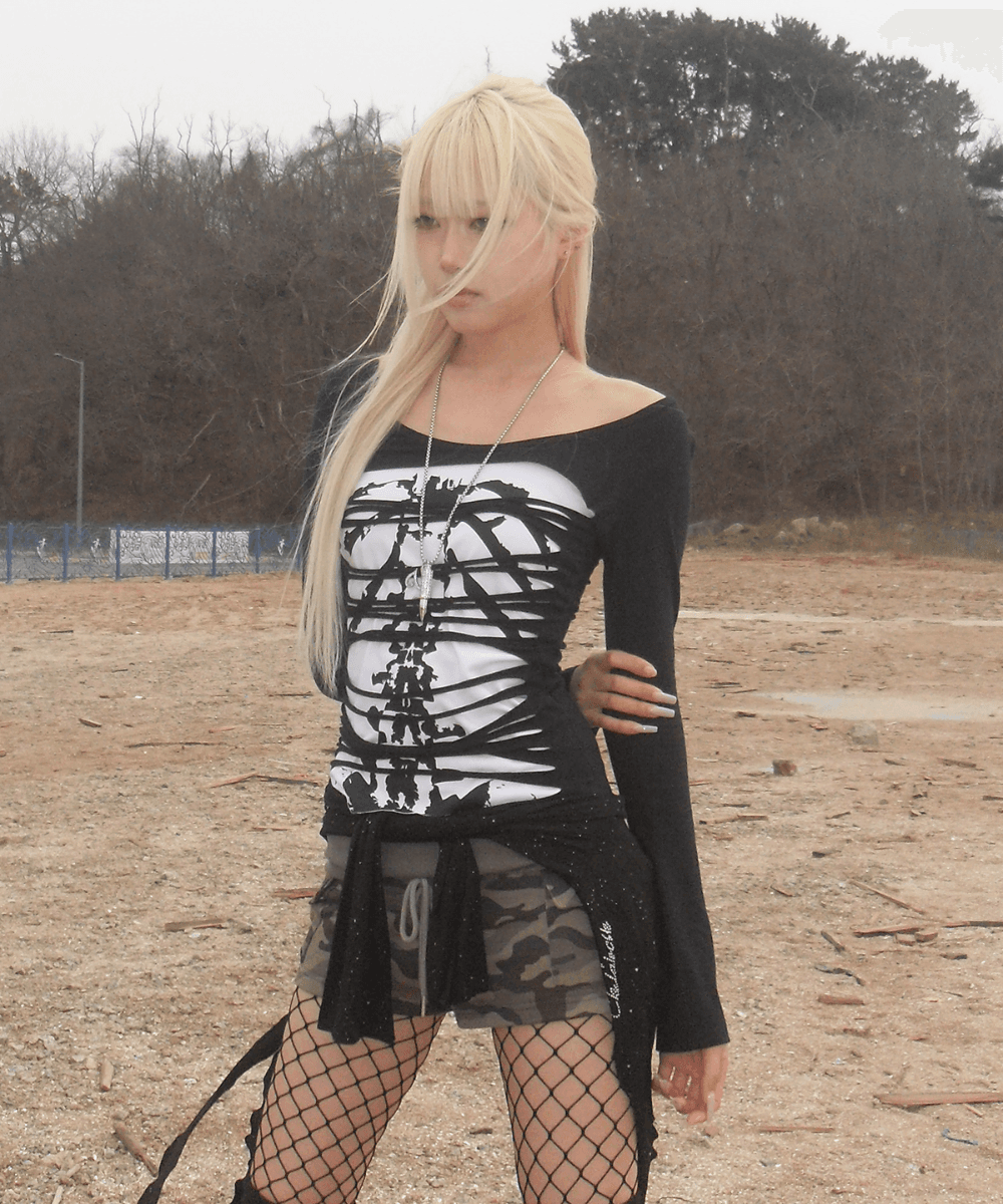 Y13 SKELETON GRUNGE LAYERED LONG SLEEVE(BLACK)