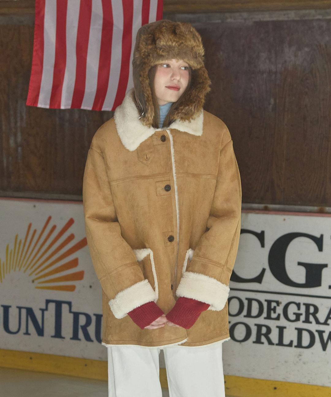 (우먼) 시어링 스웨이드 하프 코트_베이지