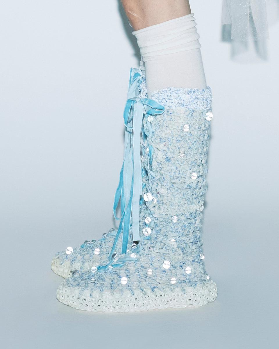 CROCHET BEADED LONG BOOTS - 36 / BLUE