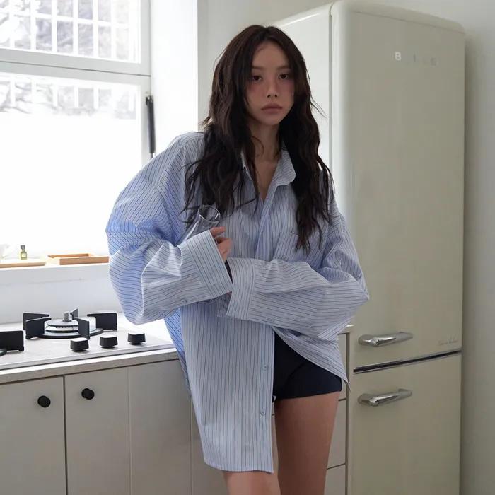preppy striped relaxed shirt (2Color)