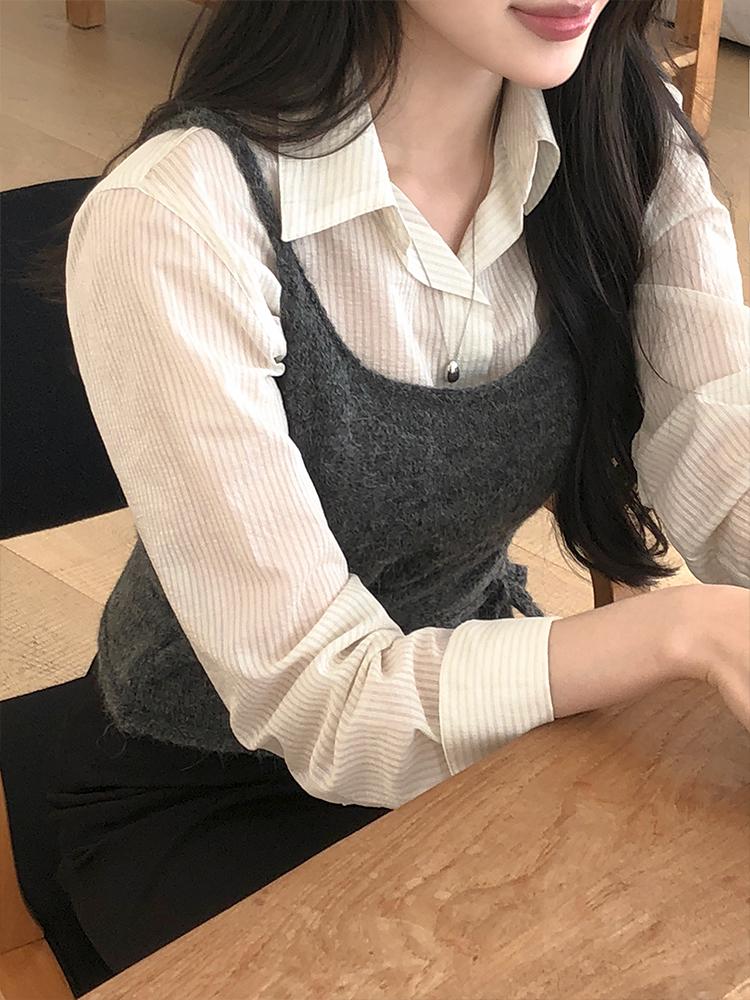 렌느 [출근룩/레이어드/자체제작] 르네 시어 스트라이프 셔츠