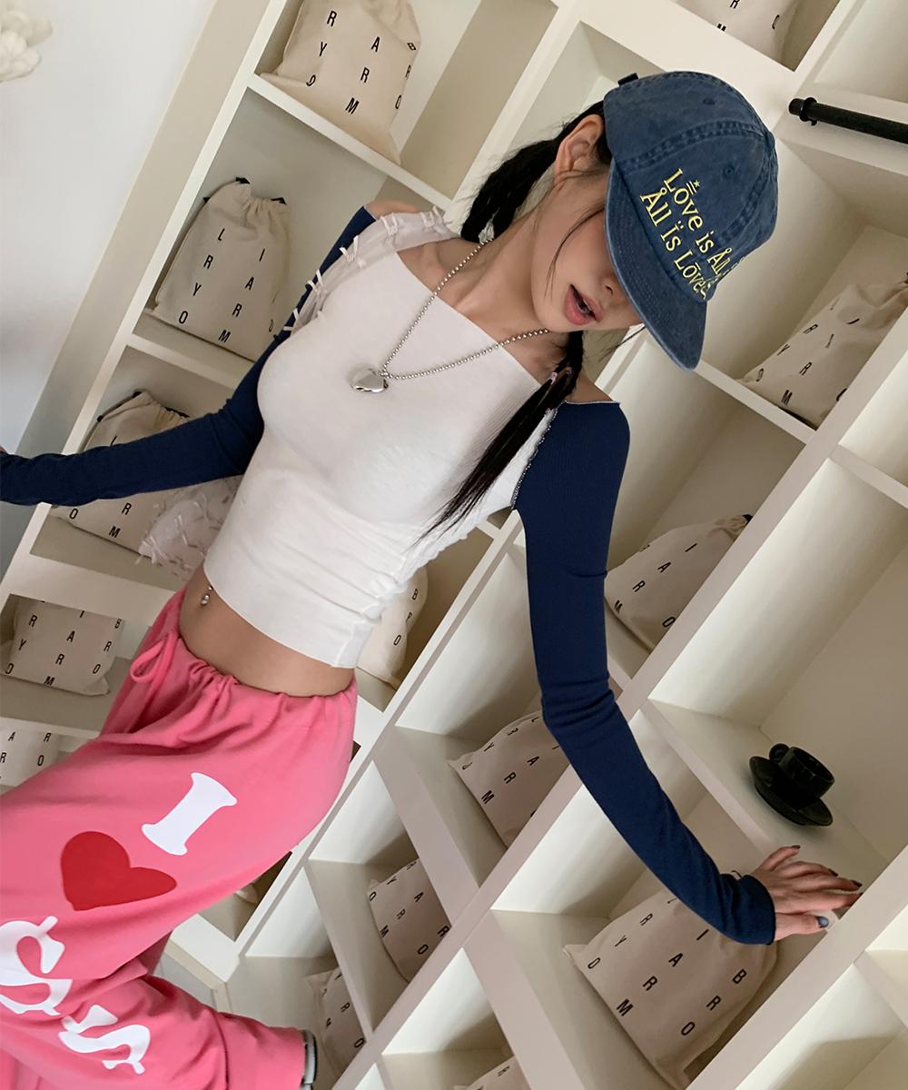 블럭배색오프숄더긴팔티