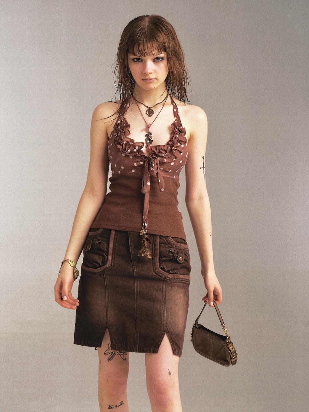 Flowers birds Market Washed denim short skirt