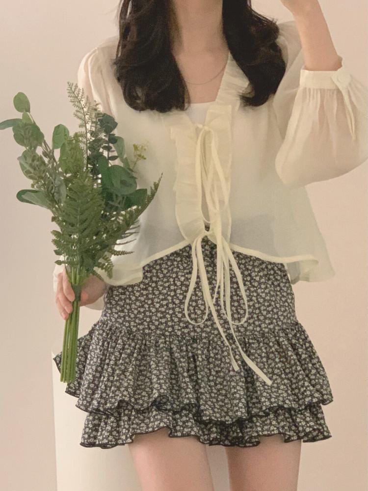 크림 브라이덜 리본 러플 블라우스