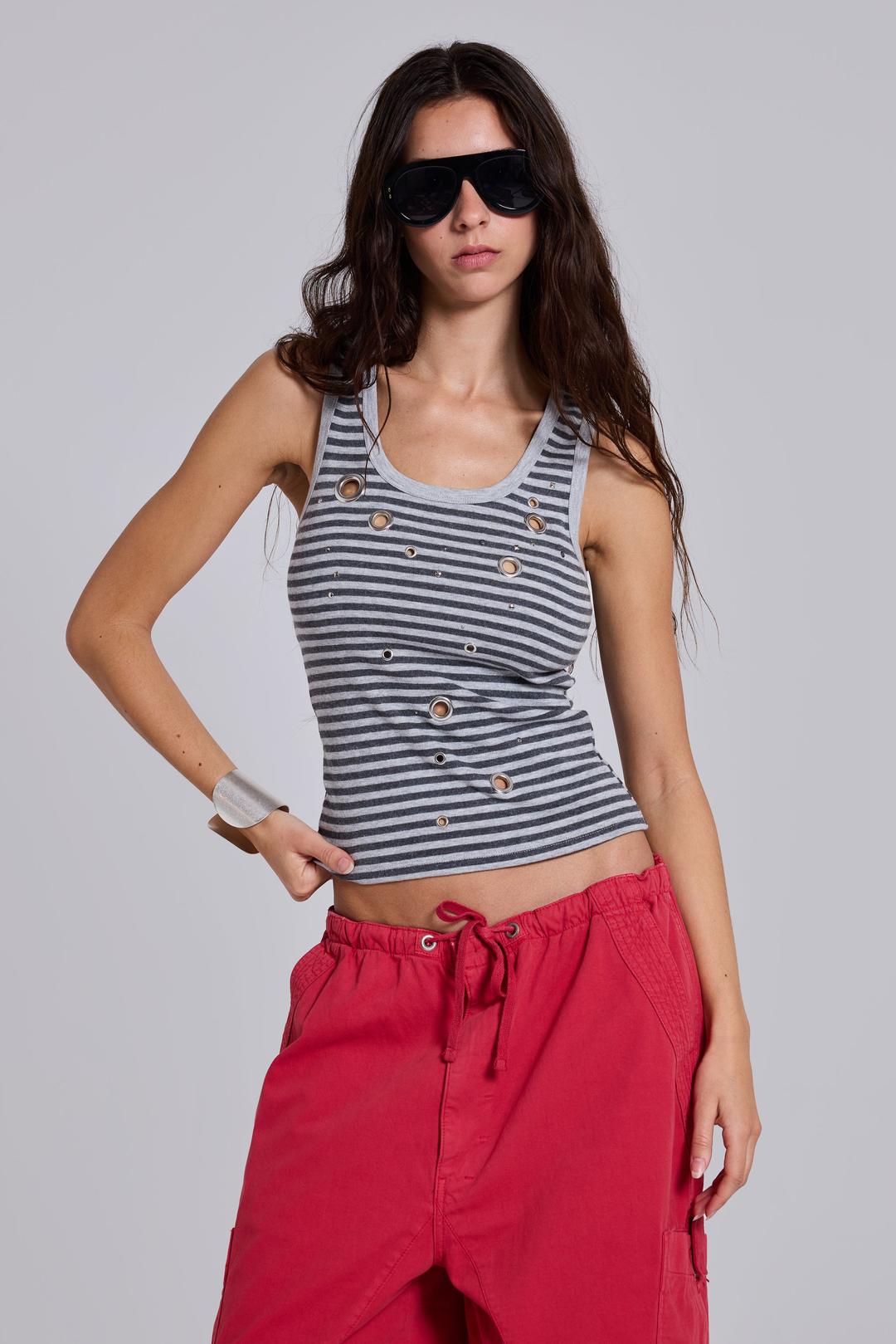 Eye Contact Vest Top With Eyelets in Stripe - UK 4 / Grey