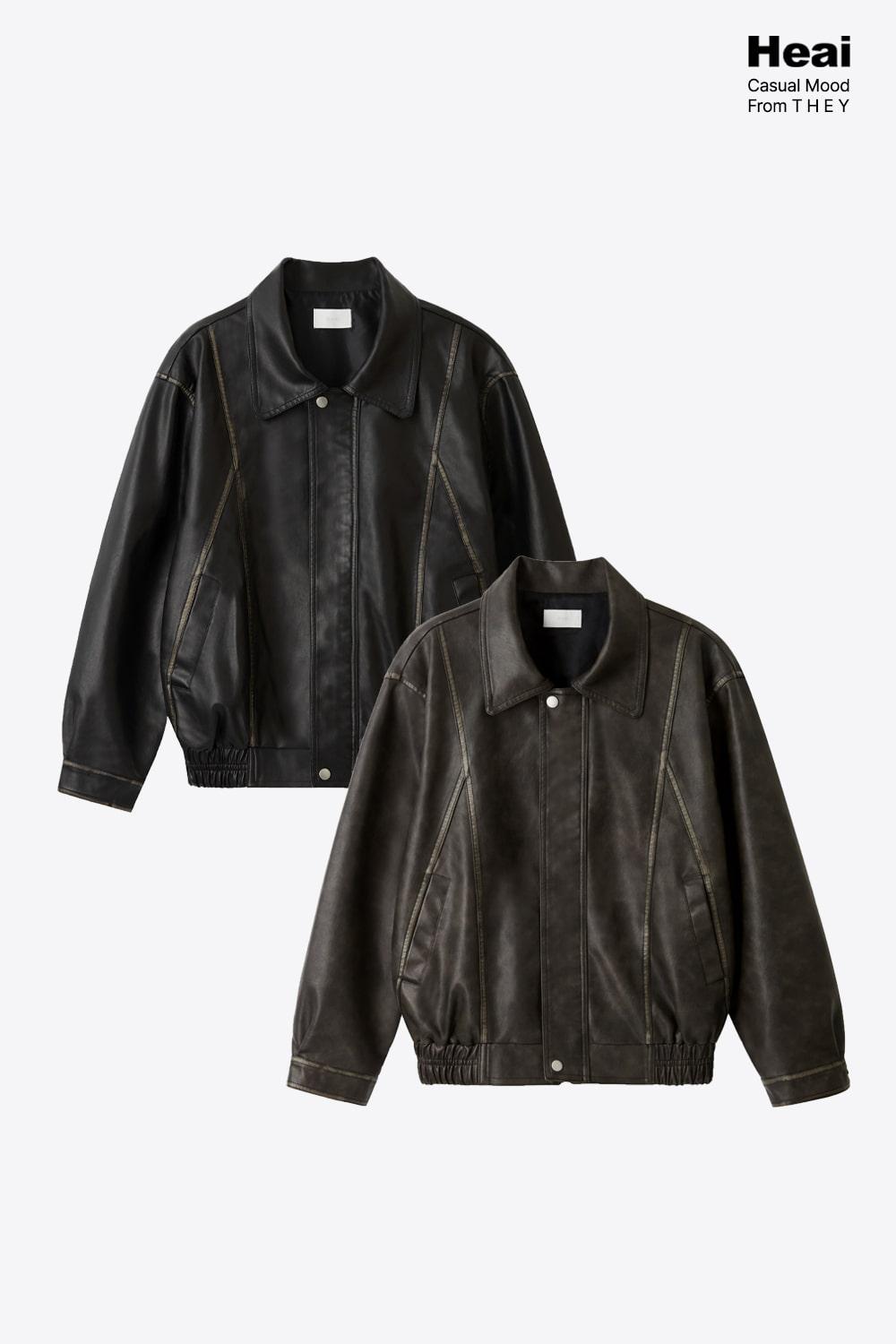 [Heai] 빈티지 워싱 절개 레더 카라 자켓