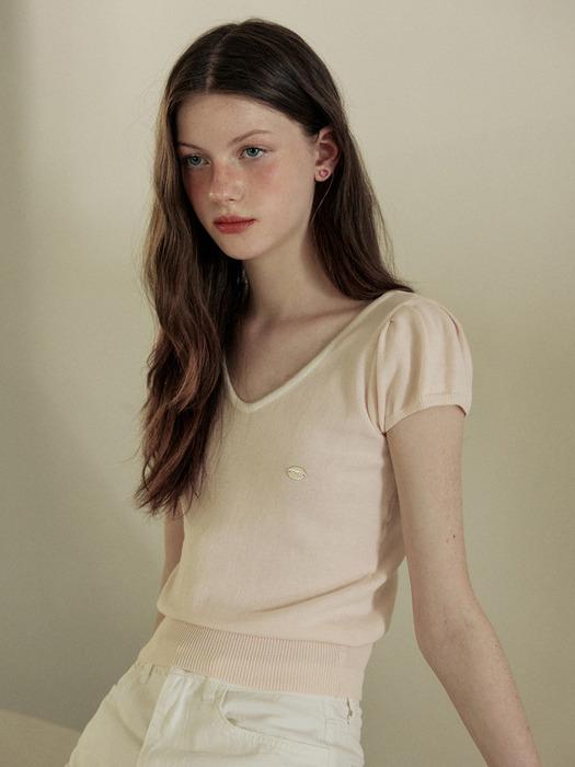 Back ribbon coloring v neck puff knit - pink