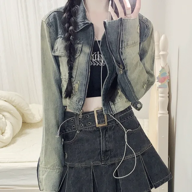 Y2K 빈티지 워싱 포켓 데미지 크롭 청자켓